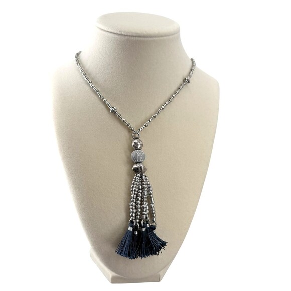 J. Jill Charm Tassel Necklace Long Silver Tone Beaded Blue Pendant 32” Boho NWT - Picture 3 of 13